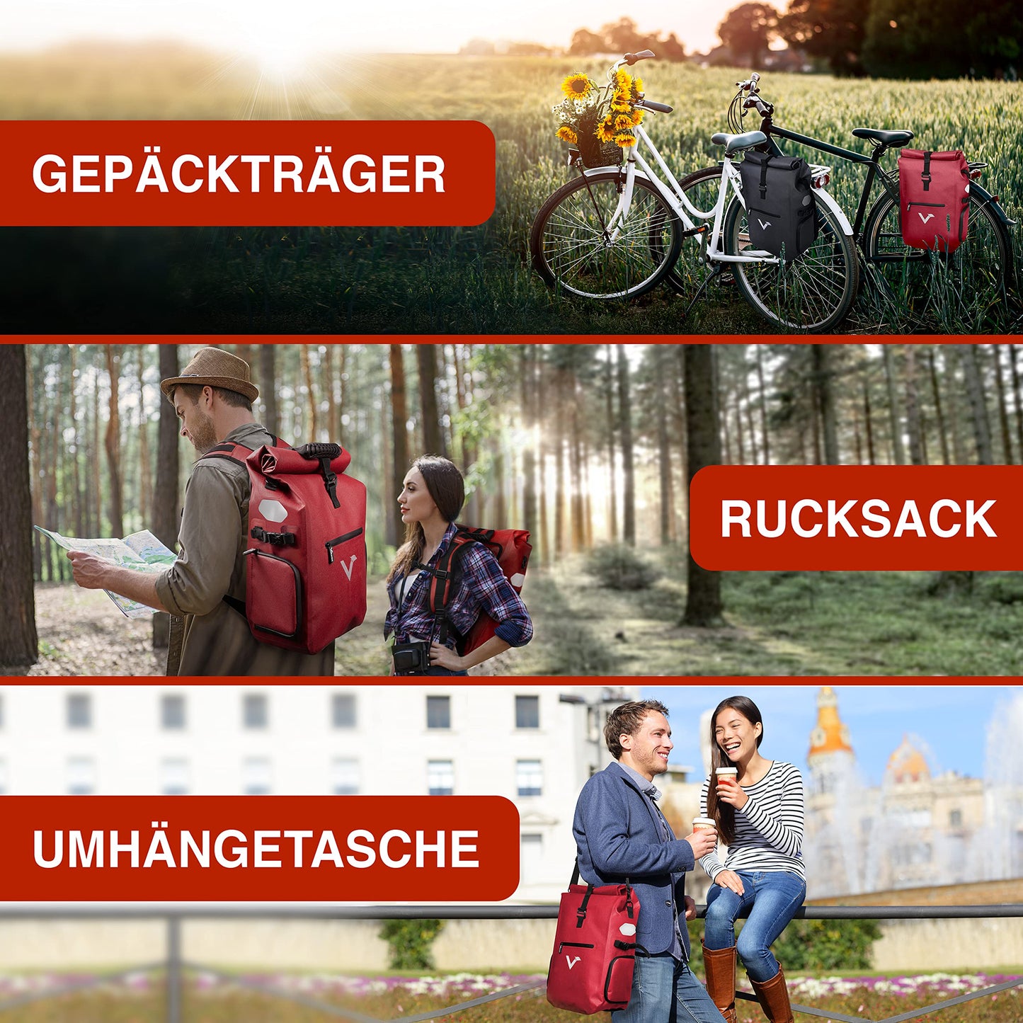 Valkental® - 3in1 Bike Bag Pro - The Original - High-quality Nylon - 23L Capacity - Can be used as a luggage rack bag, backpack & shoulder bag - 100% Waterproof - Bike bag for luggage rack