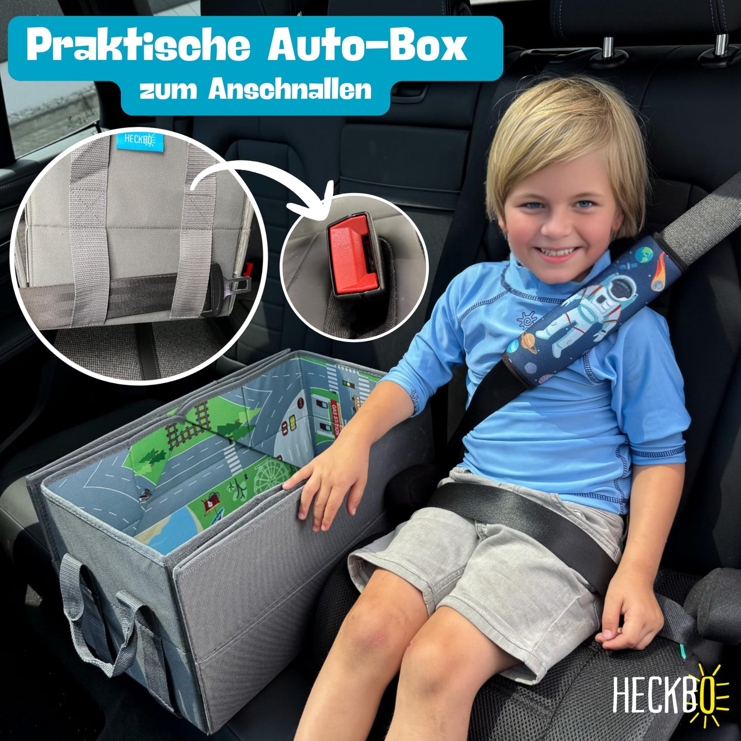 HECKBO 4-in-1 Car Organizer and Play Mat - Kids Toy Storage Box - Foldable mat with street design - Securely attaches in car, 91cm x 72cm.