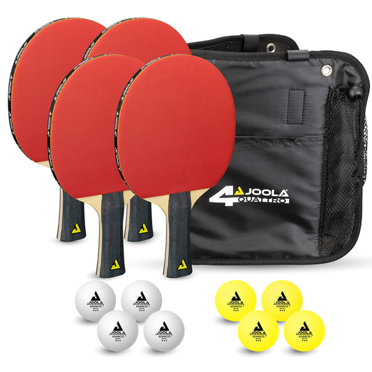 JOOLA Table Tennis Set Quattro, 4 Table Tennis rackets + 10 Table Tennis balls + Bag, 28.5x26x8.5cm & extendable portable Table Tennis net Connect, Set (adjustable length)
