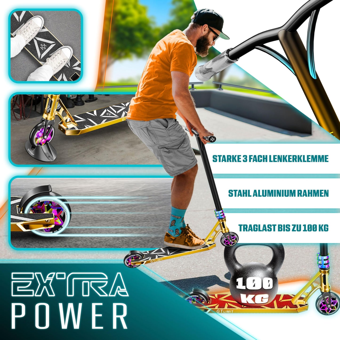 KESSER® Stunt Scooter GT-Limit 360° Steering Freestyle Scooter Trick Scooter with Stand ABEC 9 Bearings, 110 mm PU Wheels, Kick Scooter Push Scooter City Roller Trick Scooter for Kids Adults