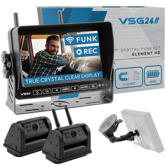 VSG24 7" Element HD 2 Camera Wireless Rearview System with Battery Magnet for Camper & Truck, Car Kit with Wireless Rearview Camera + Monitor, DIY Retrofit 12V-24V, Digital Camera, Car Rearview Mirror