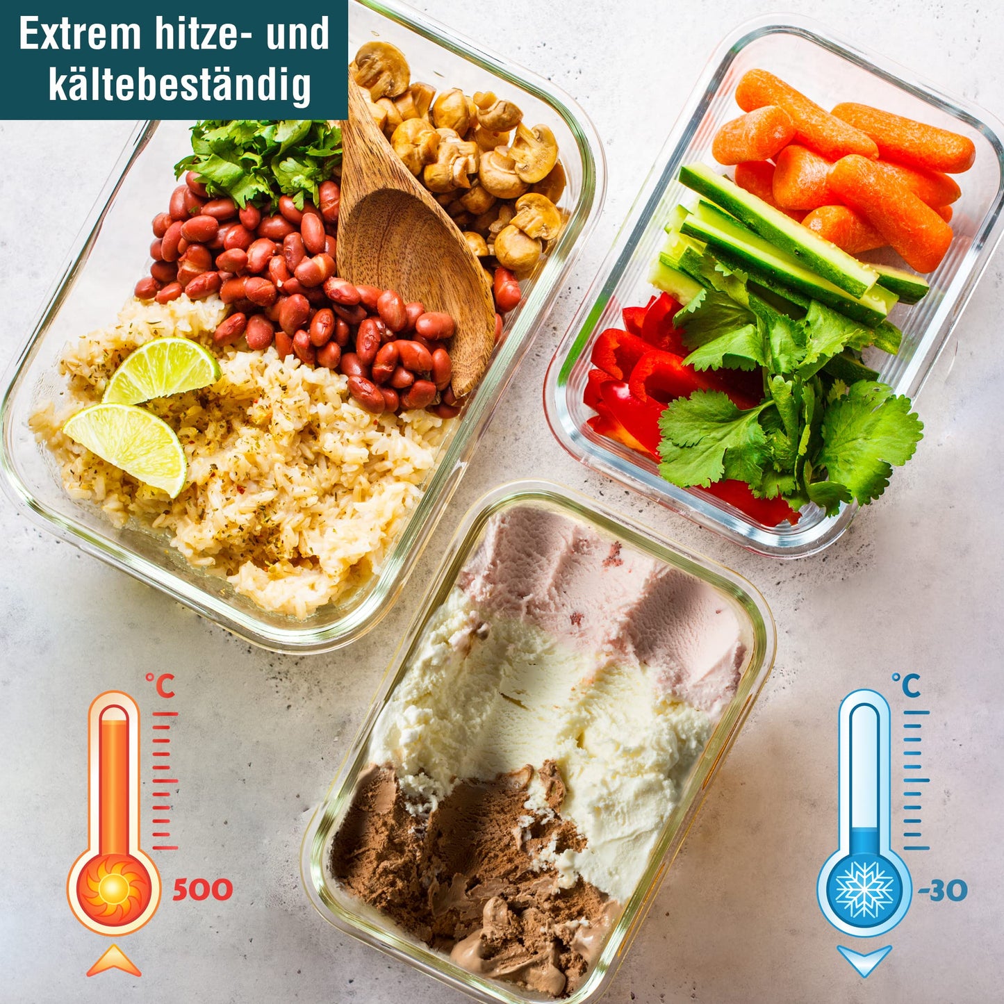 GLASS CONTAINER Food storage container (640, 1040, 1520 ml, with no compartments) Glass jar with food lid - airtight glass food storage container, heat-resistant glass