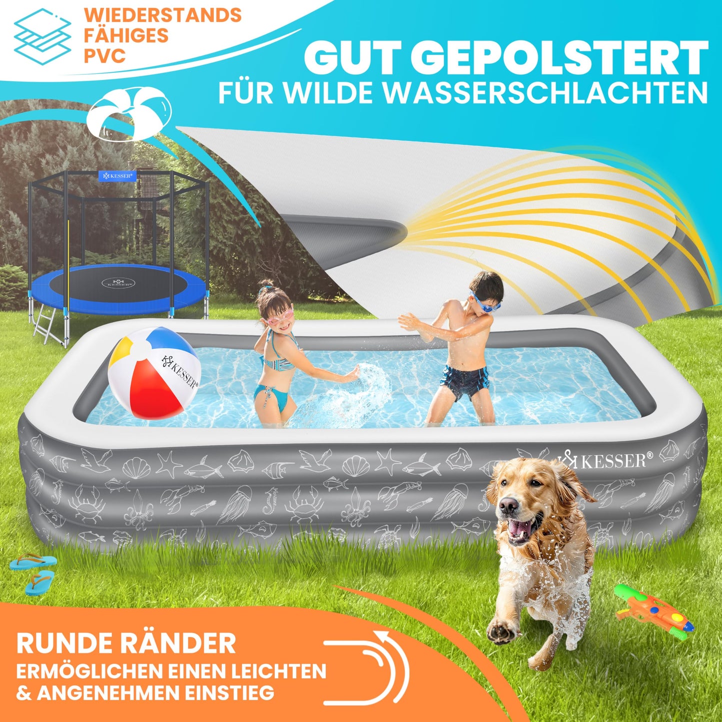 KESSER® Inflatable Pool Family Pool for Kids and Adults Garden Swimming Pool Family Swimming Pool Summer 305x183x56 cm Paddling Pool 1180 Liter Capacity Child-Friendly Includes Repair Kit & Ball