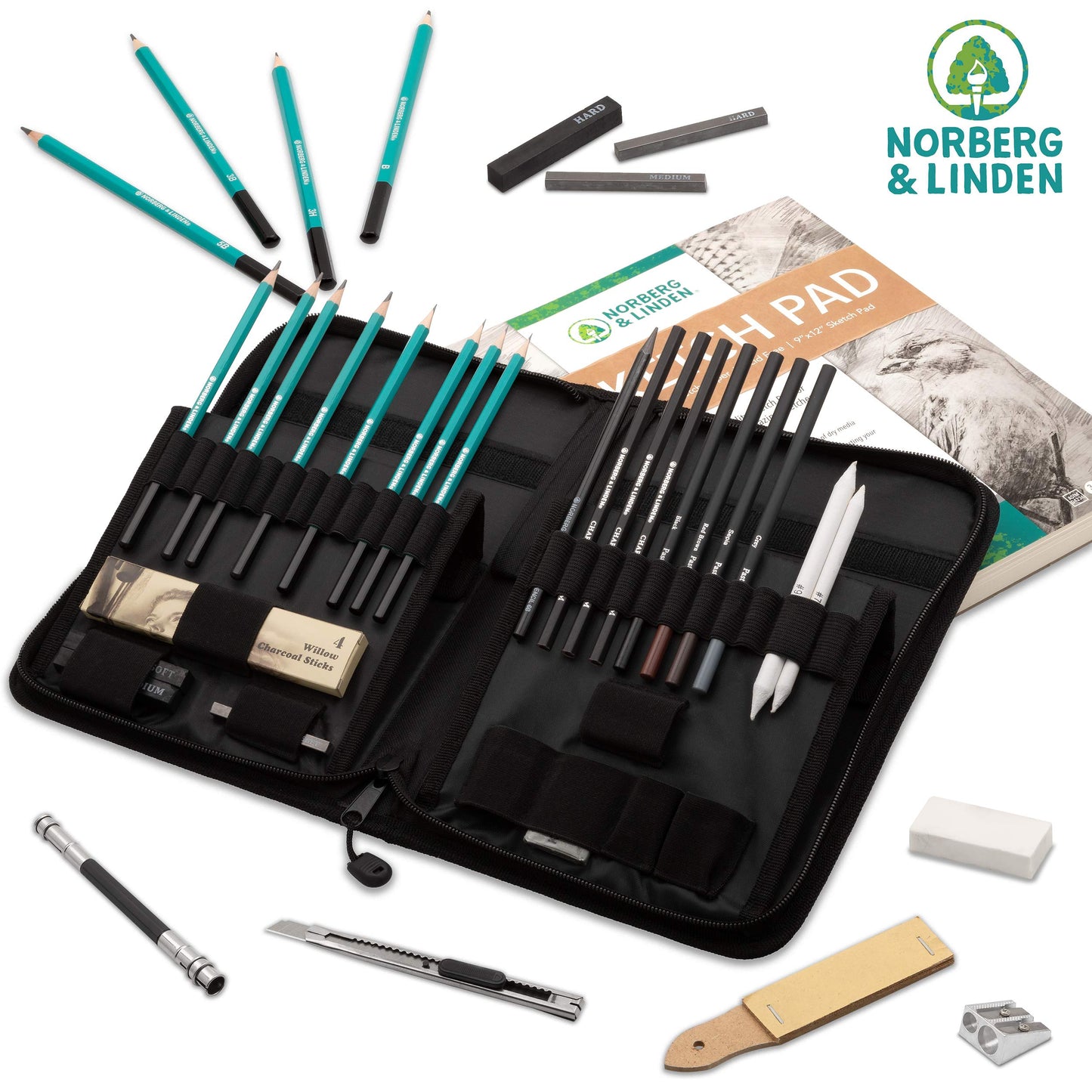 XXL set - sketching pencils & charcoal set - drawing pad for sketching, 100 sheets, kneaded eraser & pencils - perfect set for kids, teenagers & adults.
