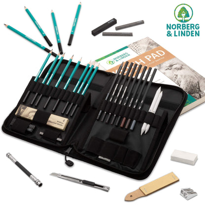 XXL set - sketching pencils & charcoal set - drawing pad for sketching, 100 sheets, kneaded eraser & pencils - perfect set for kids, teenagers & adults.