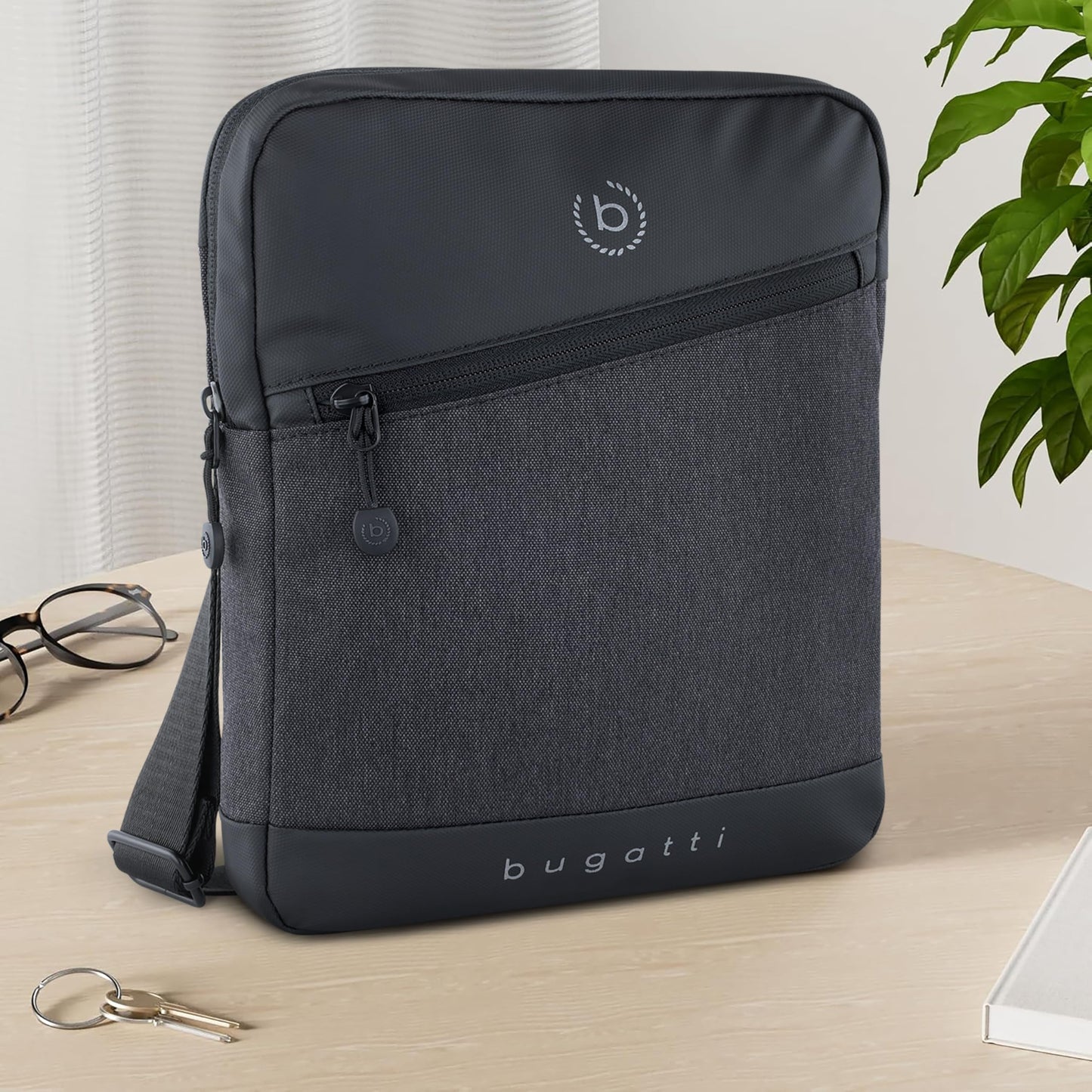 Bugatti's Universe men's shoulder bag with tablet compartment, small black shoulder bag.