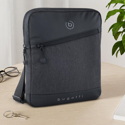 Bugatti's Universe men's shoulder bag with tablet compartment, small black shoulder bag.