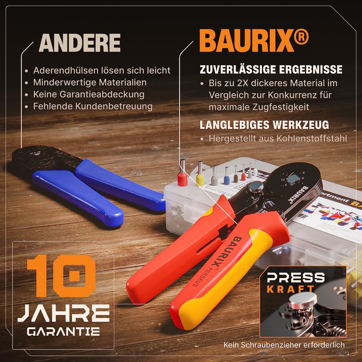 BAURIX® Crimping Tool Set with 1800 Cord End Ferrules Set I Self-adjusting Cord End Ferrule Tool [For 0.25-10mm²] I Crimping Tool, Crimping Pliers, Crimp Tool, Press Tool - Model: PERSEUS (4-Sided)