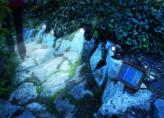 Esotec LED Solarspot Trio PIR, 3-pack, motion sensor, ground light, LED spot, solar spotlight, pond lighting, solar plug, 6000K, cool white, ground spike, battery, outdoor, IP44, weatherproof, 102144