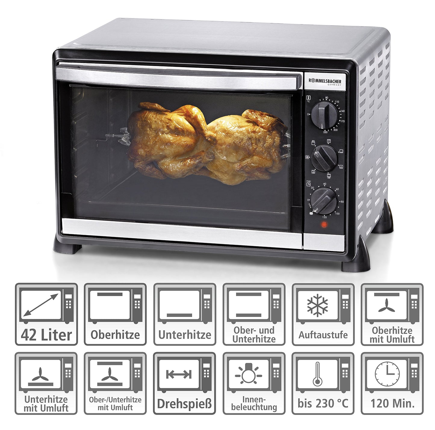 ROMMELSBACHER Back & Grill Oven BG 1805/E - 42 liter capacity, 7 heating modes, convection, rotisserie, temperature range of 80-230 °C, double glazed door, interior lighting, timer, 1800 W, stainless steel.