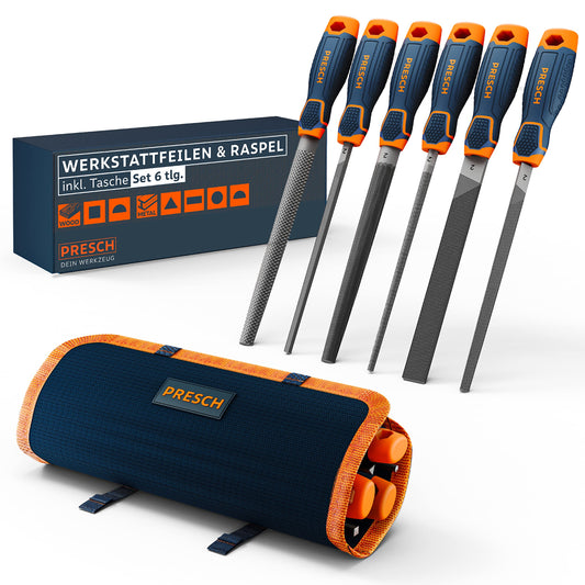 6-piece metal and wood file set with roll-up case - High-quality professional file set with cut 2 including half-round rasp, flat blunt file, half-round file, round file, triangular file, and square file.