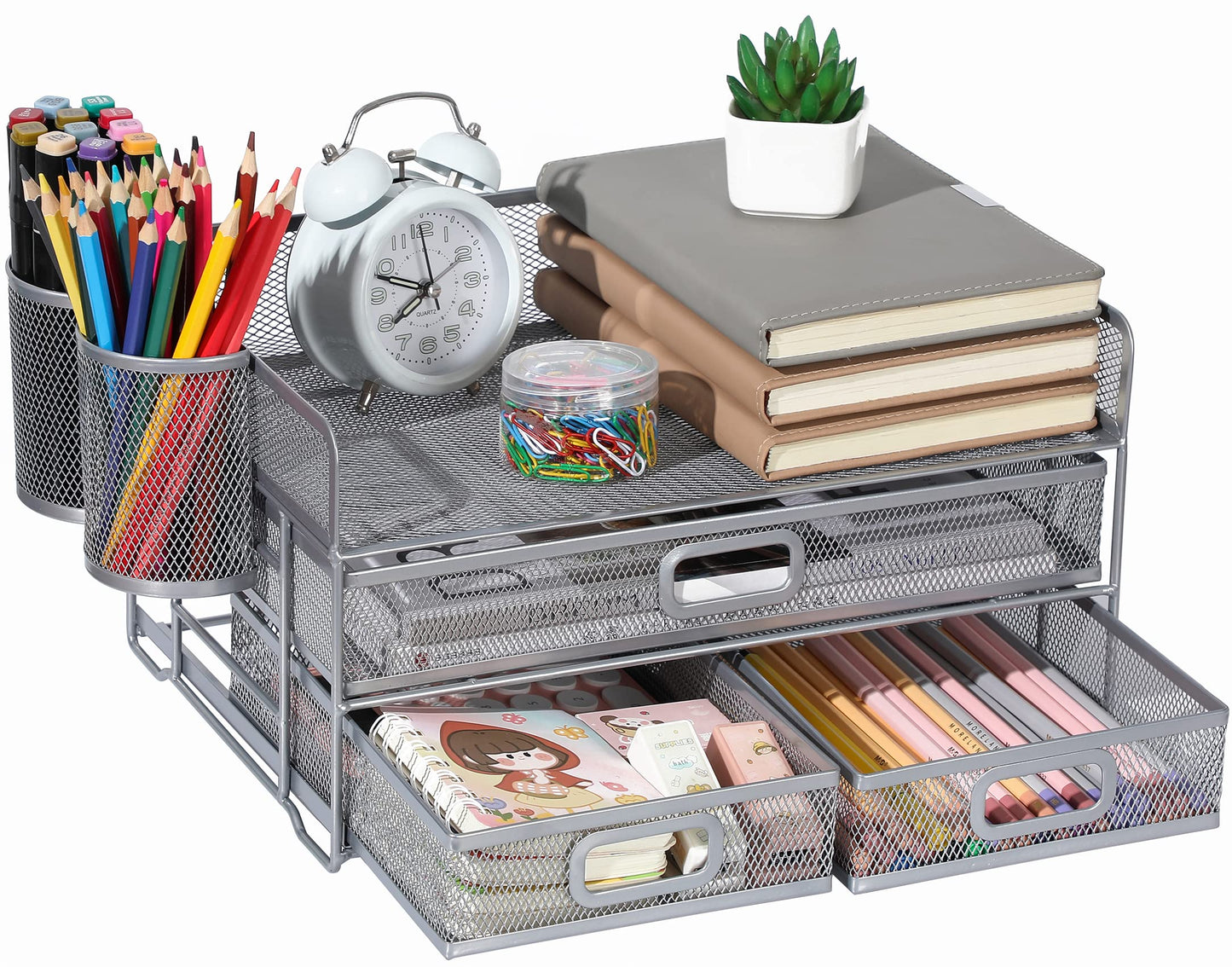 Vikmyer 3-Tray Desktop Organizer with Drawer, Mesh Office Desk Supplies Organizer Document Letter Tray Holder for Office Home (2 Pen Holders) Silver-3 Drawers
