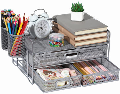 Vikmyer 3-Tray Desktop Organizer with Drawer, Mesh Office Desk Supplies Organizer Document Letter Tray Holder for Office Home (2 Pen Holders) Silver-3 Drawers