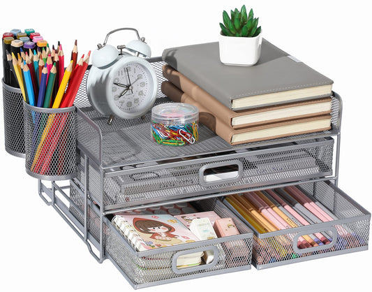 Vikmyer 3-Tray Desktop Organizer with Drawer, Mesh Office Desk Supplies Organizer Document Letter Tray Holder for Office Home (2 Pen Holders) Silver-3 Drawers