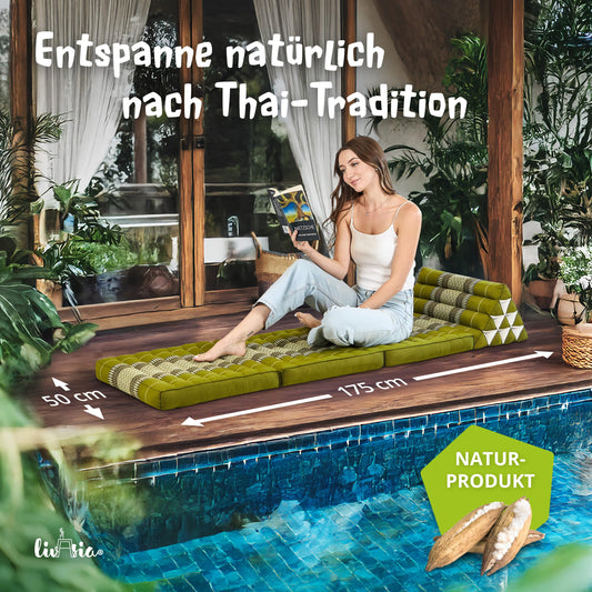 LivAsia Thai Triangle Pillow with 3 foldout cushions - 175x50x8cm - Kapok Triangular Cushion with Foldable Mattress, Backrest Pillow, Thai Mat for Folding, Handmade Meditation Pillow (Green)