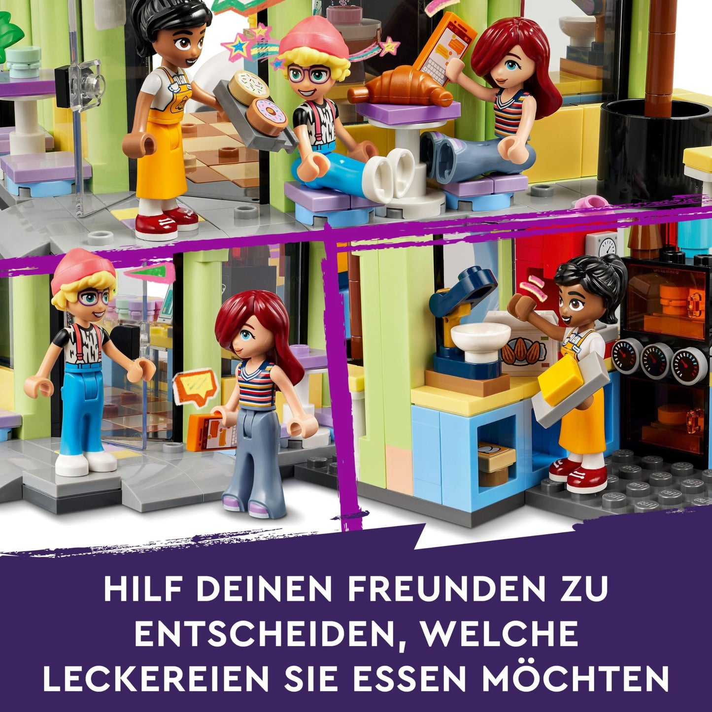 LEGO Friends Heartlake City Café, kids' toy, bakery playset, gift idea for girls and boys ages 6+, includes 3 minifigures and a dog figure 42618