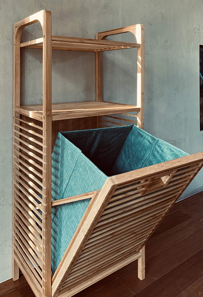 osoltus Edge laundry sorter - Bamboo bathroom shelf with foldable laundry basket - laundry cabinet - bathroom organizer - laundry sorting system - 40x30x90 cm