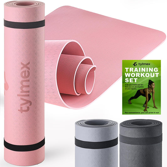 Tylmex Yoga Mat TPE non-slip 6mm | Eco-friendly fitness mat for yoga, pilates & workout | Exercise mat 183x61cm with carrying strap & online exercise guide - Pink
