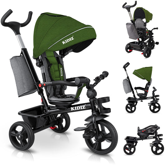 KIDIZ® 6in1 tricycle for kids with handlebar, suitable from 9 months up to 25kg. Jogger with forward & reverse drive, basket, bag, cup holder, sun canopy, rubber wheels. Foldable in khaki color.