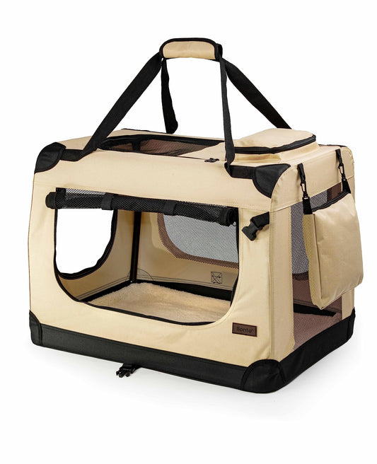 lionto Dog transport box foldable for travel & car, 101x69x70 cm, stable transport box with handles & blanket for cats & dogs up to 25 kg, sturdy fabric dog crate for small & large dogs, beige