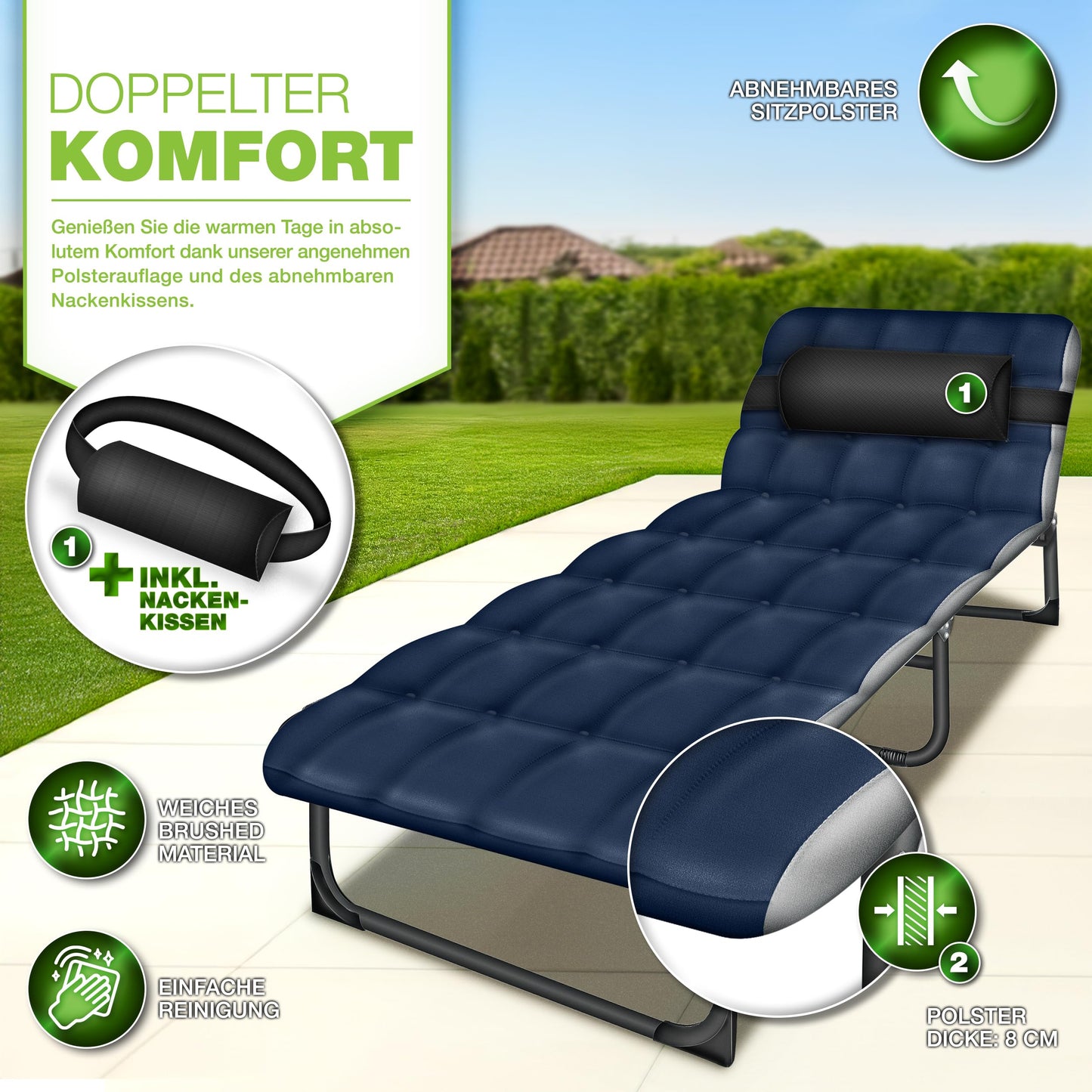 tillvex® Folding camping bed with neck pillow & side pocket up to 280 kg | Camping lounger sun lounger with padding | Field bed outdoor & indoor | Folding bed guest bed foldable garden camping festival travel