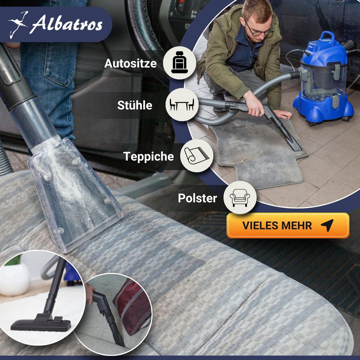 ALBATROS Hydro 7500 carpet cleaner + 2L cleaner - XXL upholstery cleaner, carpet cleaner wet vacuum - 1200 watts, 20l capacity, 22 kPa suction power - Rating: Very Good