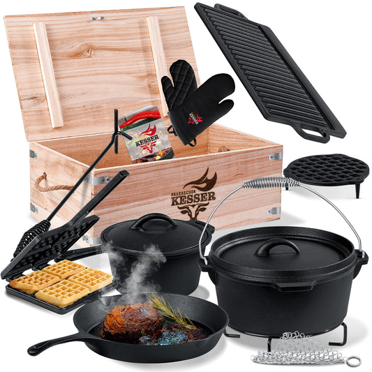 KESSER® Dutch Oven Set 12-piece in wooden box with lots of accessories. Includes waffle iron cast iron - already seasoned, with cooking pot, grill plate, pan, lid lifter. Also includes recipe book and gloves.