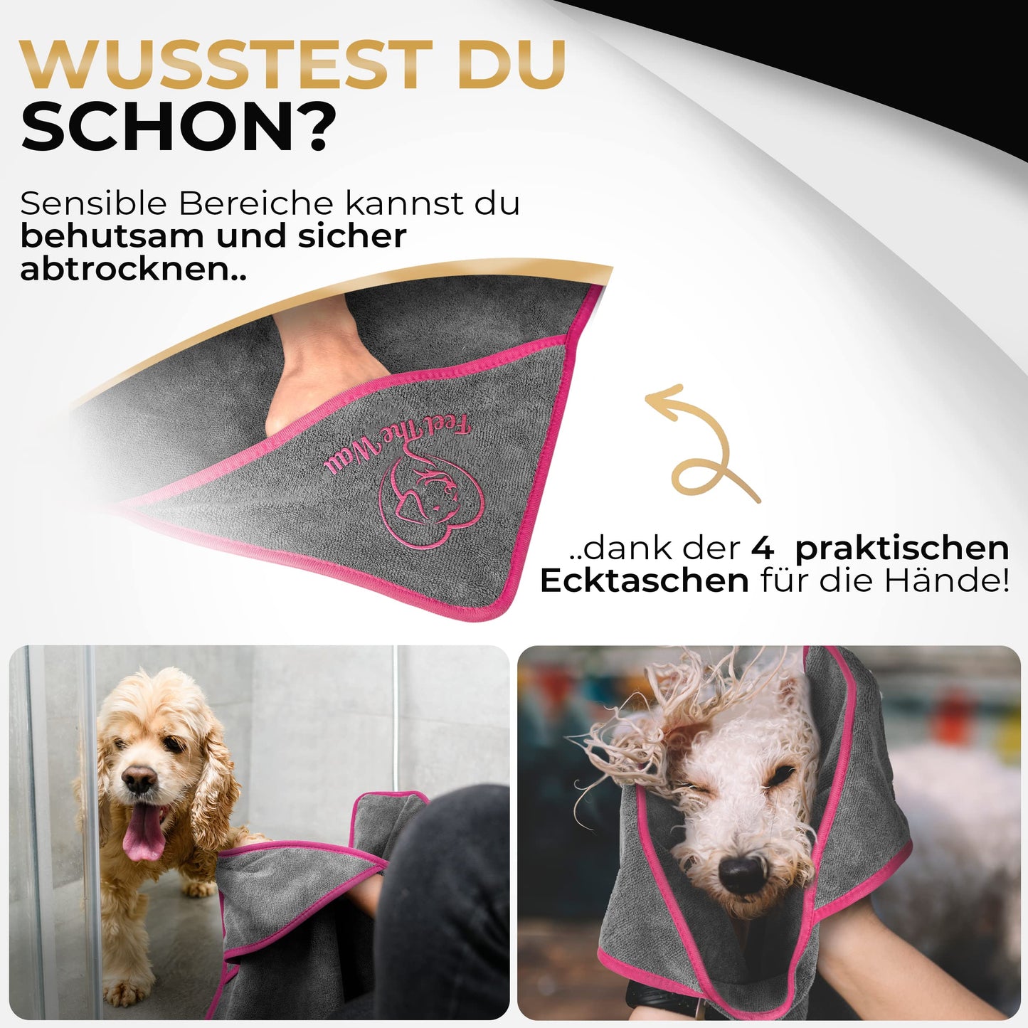 FeelTheWau Dog Towel extra absorbent - Dog towel for large and small dogs - SOFT AND CUDDLY - Dog towel - Gift for dog owners (2 pack 130x75cm, Gray/Pink)