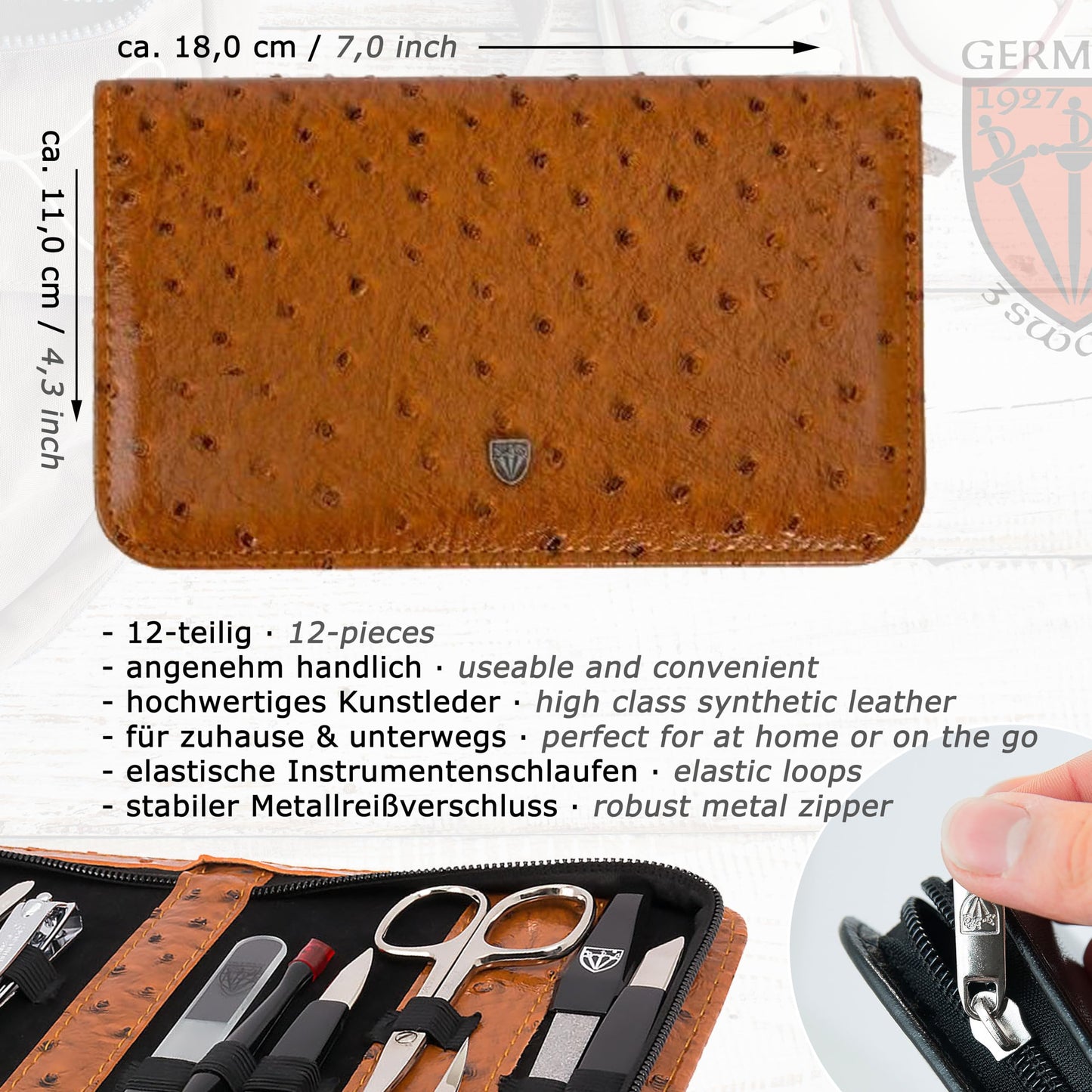 THREE SWORDS - 12-piece Nail Set 'Palermo' | High quality Manicure & Pedicure Nail Case: Color: faux leather ostrich-cognac | Contents: 12 instruments including nail scissors, nail clippers, glass file etc.