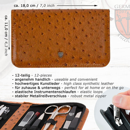 THREE SWORDS - 12-piece Nail Set 'Palermo' | High quality Manicure & Pedicure Nail Case: Color: faux leather ostrich-cognac | Contents: 12 instruments including nail scissors, nail clippers, glass file etc.