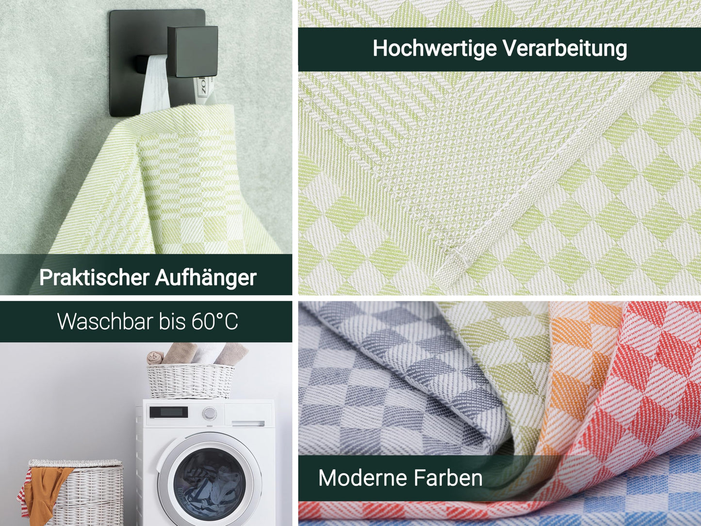 ZOLLNER 10 pack of dish towels made of cotton in 46x70 cm - super absorbent and sturdy kitchen towels - washable up to 60°C - in green checkered pattern - gastronomy quality - Oeko Tex® certified