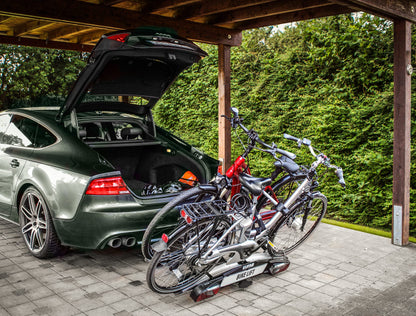 EUFAB 11535 Bike Carrier BIKE LIFT, suitable for E-Bikes, fully pre-assembled, electric lowering function, anti-theft protection, for 2 bikes, for towbar, 135x74x74cm
