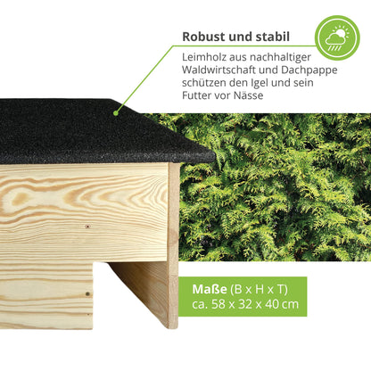 GROUND FLOOR Hedgehog feeding house without base made of solid wood/Hedgehog house winterproof, cat-safe/Hedgehog feeding house produced in Germany & made of certified wood/Hedgehog feeding spot