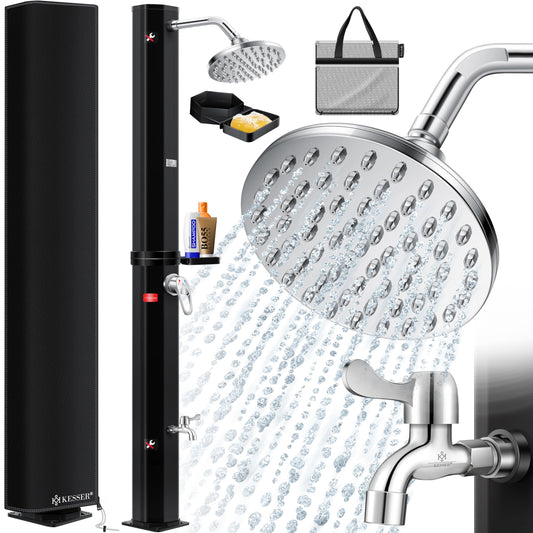 KESSER® 40-liter solar garden shower with metal shower tray & cover | warm water | max. 60°C | no need for electricity | poolside shower for camping | rain shower head and water tap | Black