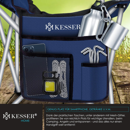 KESSER® camping chair foldable up to 150 kg angling chair folding chair padded with armrests, high backrest beach chair, folding stool including camping light drinks holder bag & cup navy blue