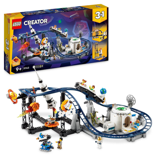 LEGO Creator 3-in-1 Space Roller Coaster, build a toy fairground with working cars & Technic Mack LR Electric Garbage Truck, a garbage truck model for recycling role play.