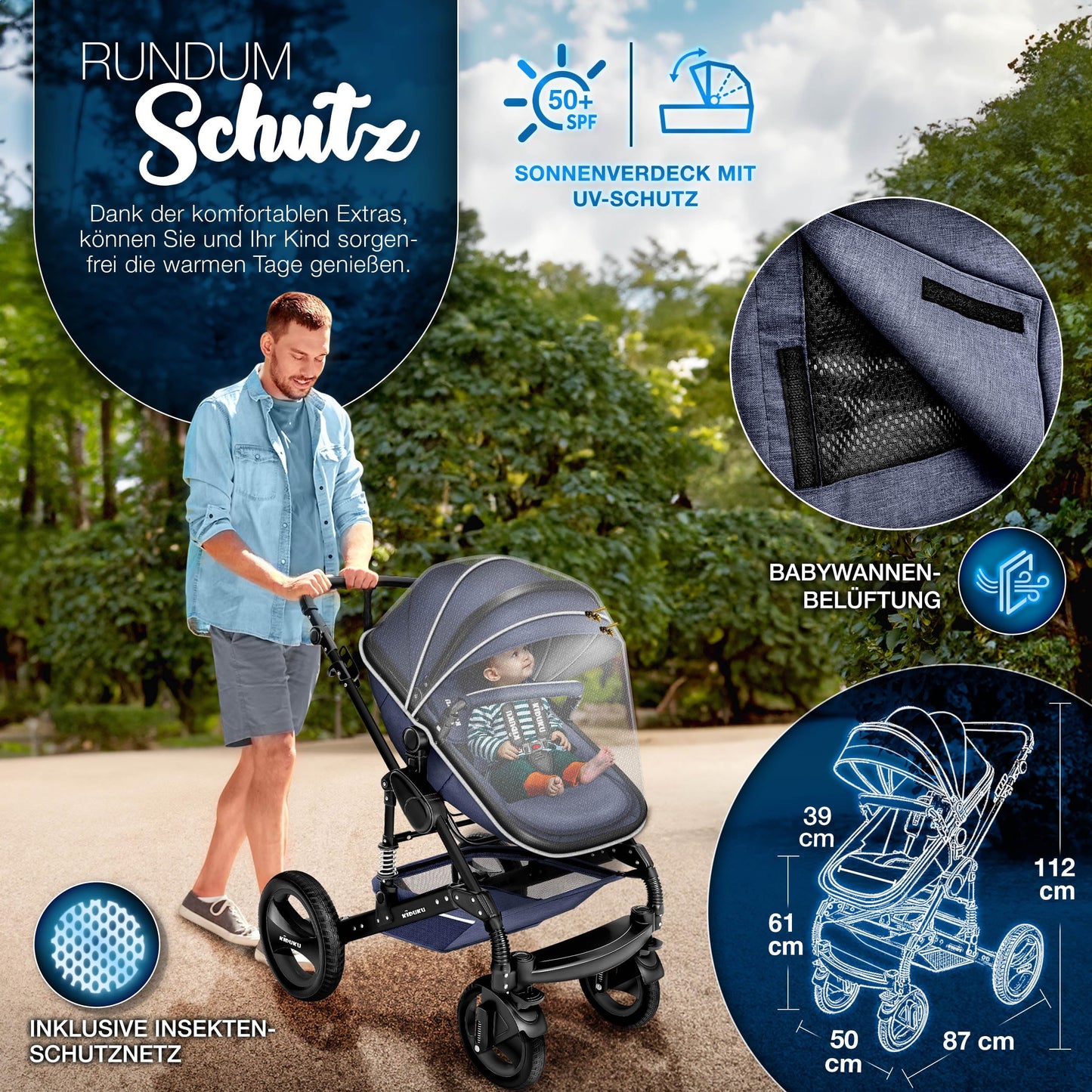 KIDUKU® 3 in 1 stroller XXL complete set | Combination stroller set including baby tub, buggy seat & car baby seat footmuff | solid rubber tires changing bag hand warmer rain cover child table ECE R129
