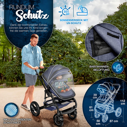 KIDUKU® 3 in 1 stroller XXL complete set | Combination stroller set including baby tub, buggy seat & car baby seat footmuff | solid rubber tires changing bag hand warmer rain cover child table ECE R129