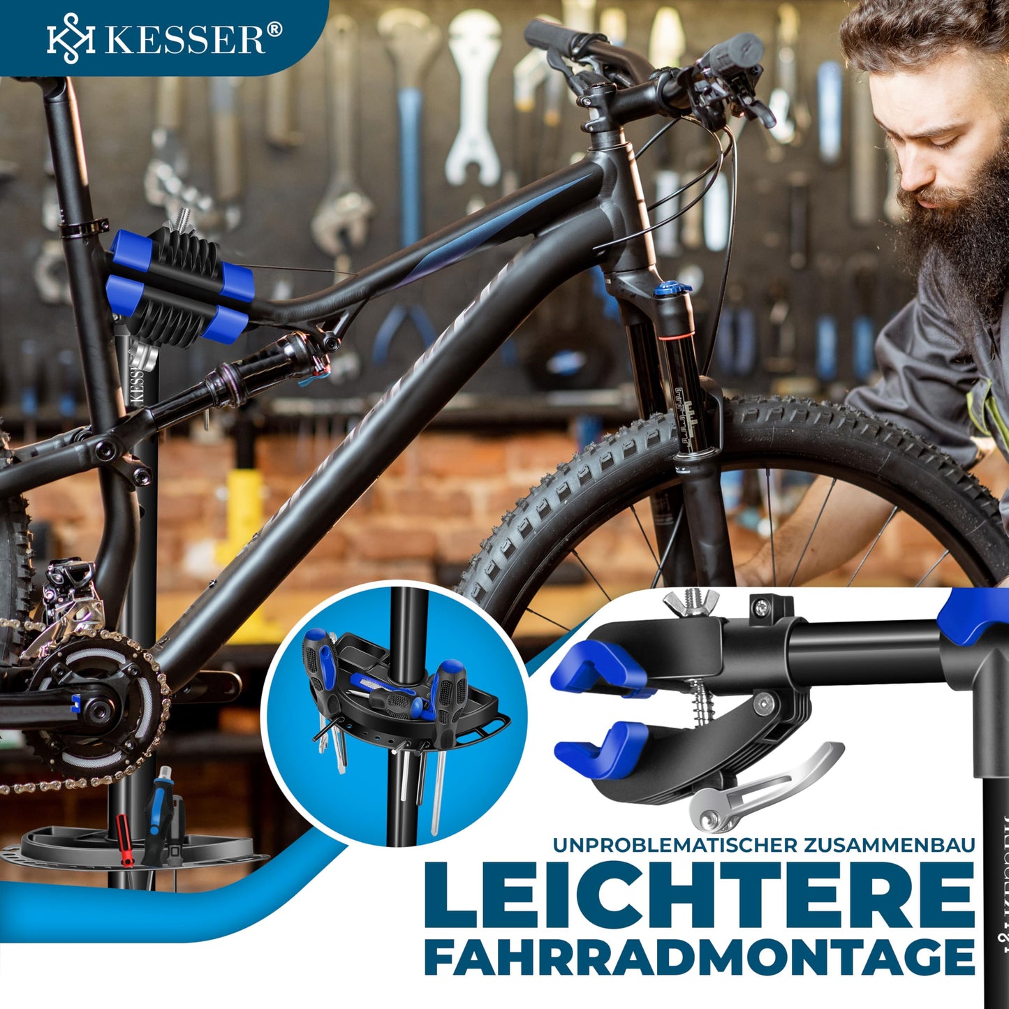 KESSER® bike assembly stand professional repair stand bike stand + bag bike repair stand up to 30 kg bike assembly stand incl. tool tray + magnetic compartment, rotatable mountain bike, blue