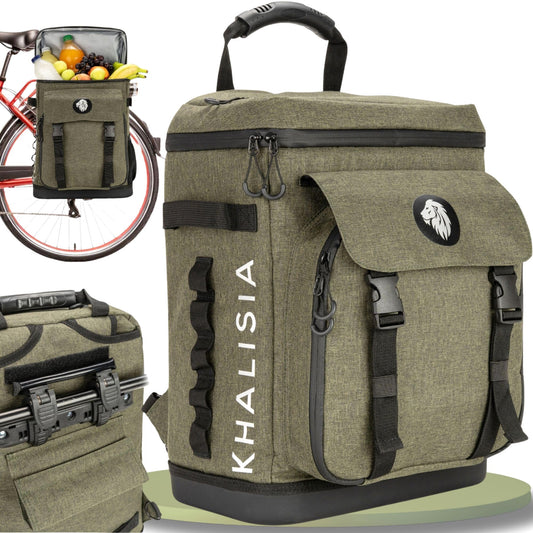 KHALISIA - REISSUE - Bike bag backpack with cooler compartment - Bike accessories - with extra picnic compartment - insulated pannier bag - Khaki - 25 liters