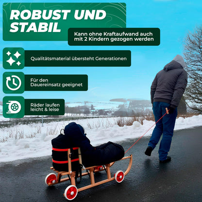 Roll Rodel Original wooden sled with wheels for use on pavement and snow - sled with wheels, red plastic backrest, and pull rope (Davos sled 110cm) - children's vehicle - baby sled