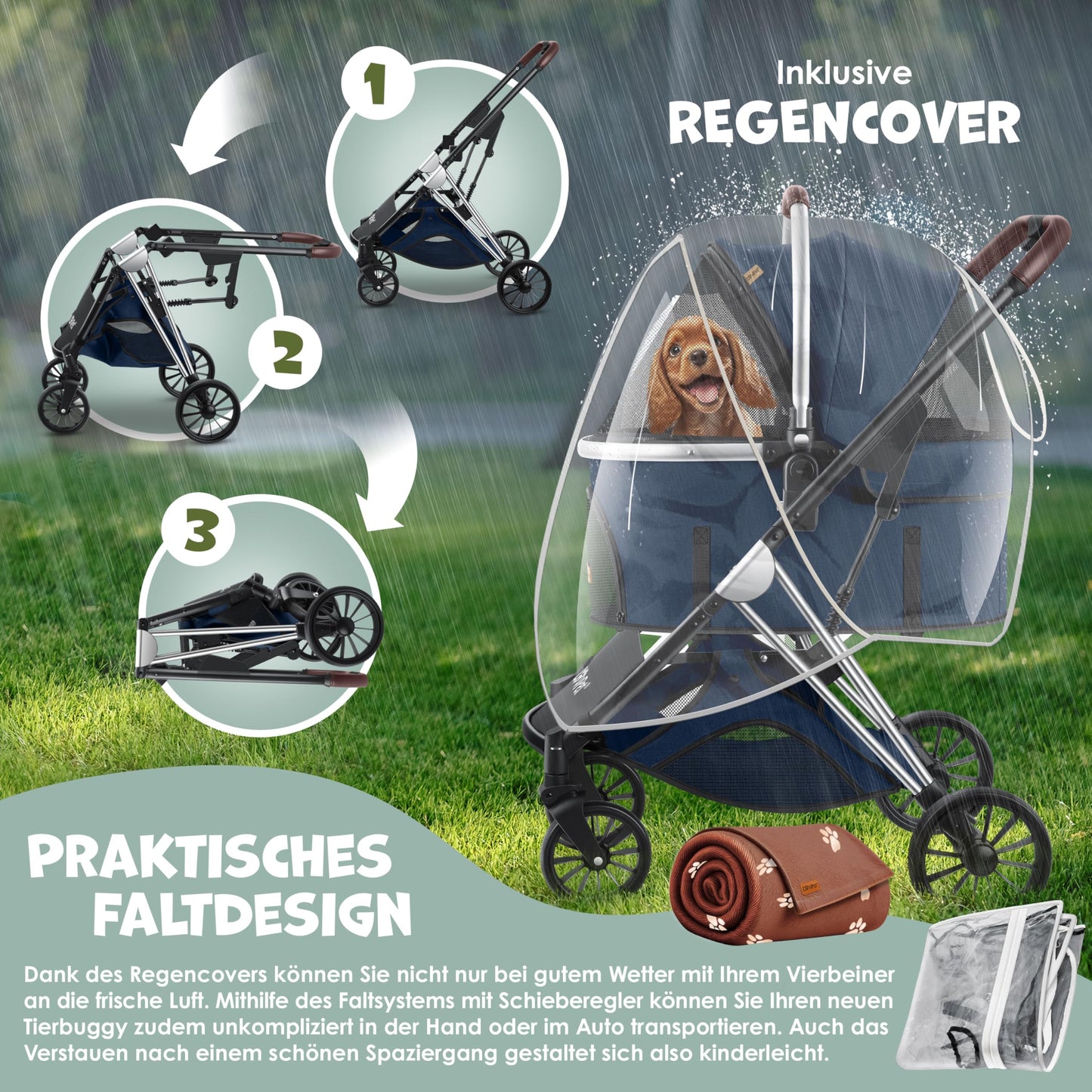 LOVPET® 3in1 dog stroller for dogs up to 20kg. Can be used as a dog carrier bag, foldable and collapsible. Features large wheels, mesh windows, rain cover, cup holder, and cozy blanket. Also suitable for cats, jogging, and outdoor activities.