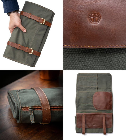 Angus Stoke XXL knife bag with 16 compartments & plenty of storage space – multifunctional & tool bag made of canvas & leather – knife roll Marc (Olive Green)