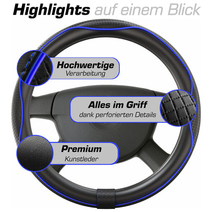 Upgrade4cars steering wheel cover Blue Black in leather look | Steering wheel cover Universal 37-38 cm for summer & winter | Car accessories interior gift ideas | Gifts for women and men