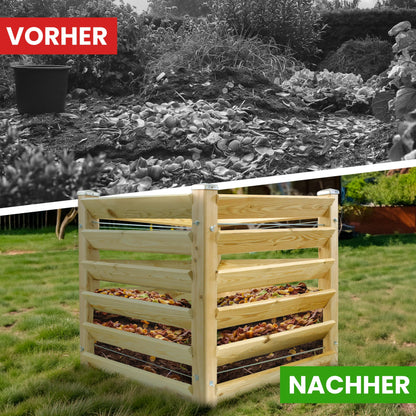 Modern compost bin made of solid larch wood, dimensions approximately 80x80 cm with a height of 80 cm. Easy-to-assemble composting system.