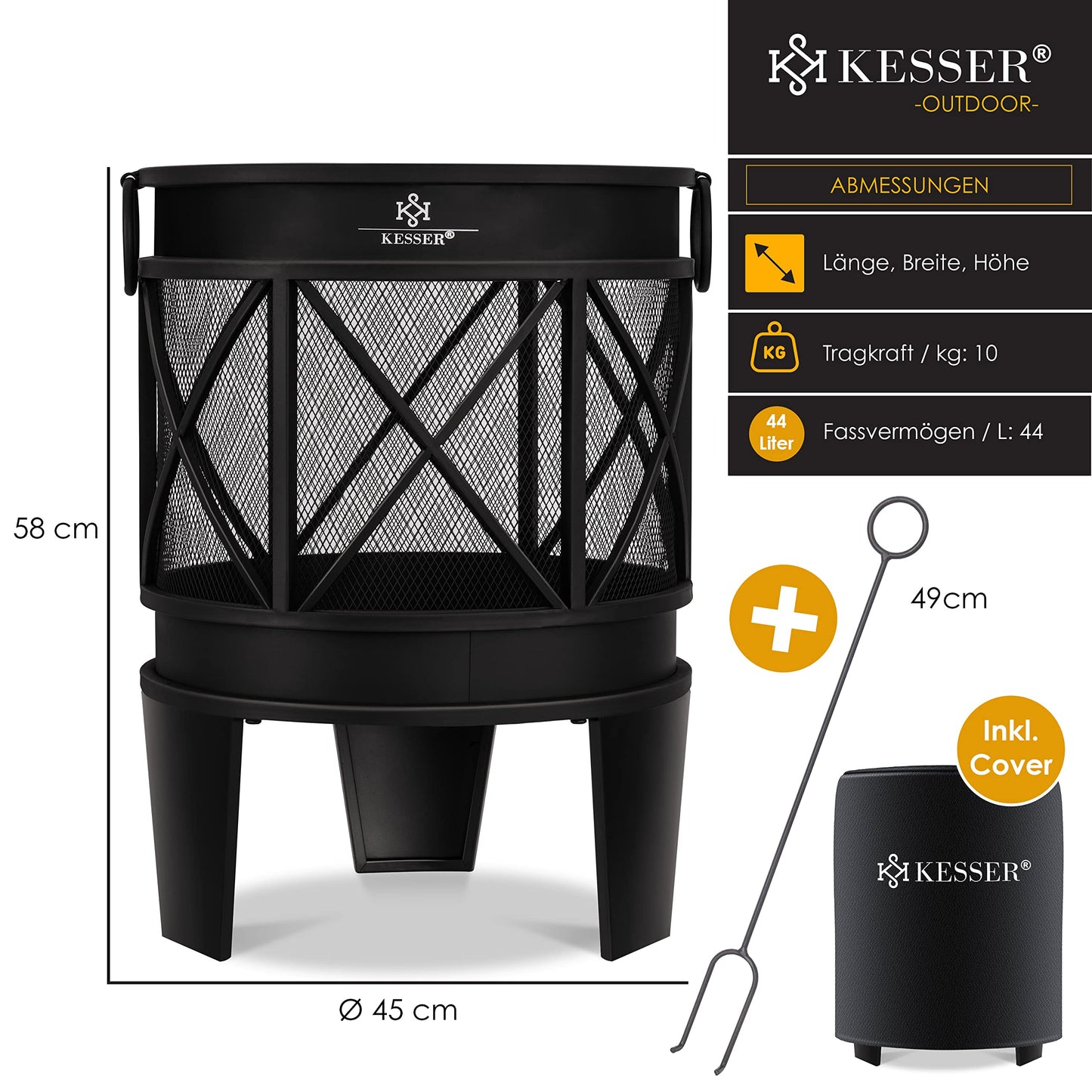 KESSER® Fire Bowl Including Cover Fire Pit with Spark Protection & Handles + Poker Fire Place 58 x 45 cm for Garden & Terrace Metal Antique Rust Look Multifunctional Fire Pit Heater BBQ Black