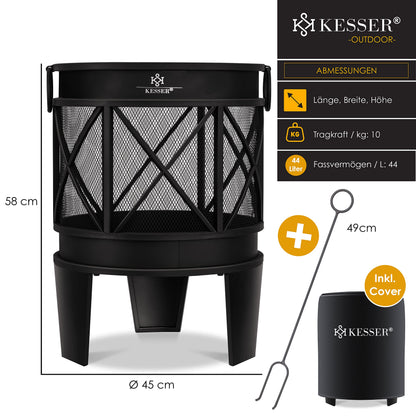 KESSER® Fire Bowl Including Cover Fire Pit with Spark Protection & Handles + Poker Fire Place 58 x 45 cm for Garden & Terrace Metal Antique Rust Look Multifunctional Fire Pit Heater BBQ Black
