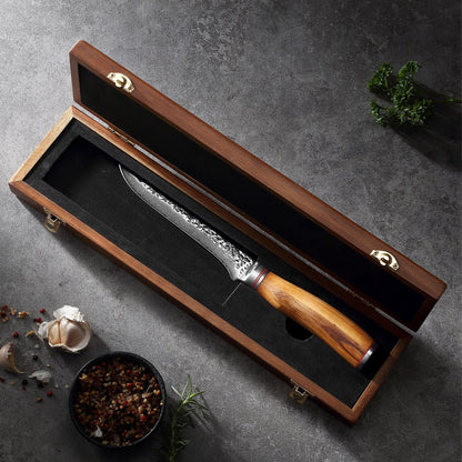 Zayiko Minami Olive Damascus Fillet Knife 6.5" Blade | 67-layer Damascus steel with hammered finish | Professional kitchen knife with flexible olive wood handle for precise filleting.
