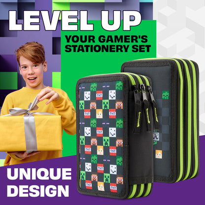 Minecraft pencil case for boys and girls filled with Creeper stationery, gamer gifts for kids and teenagers. (Black AOP)