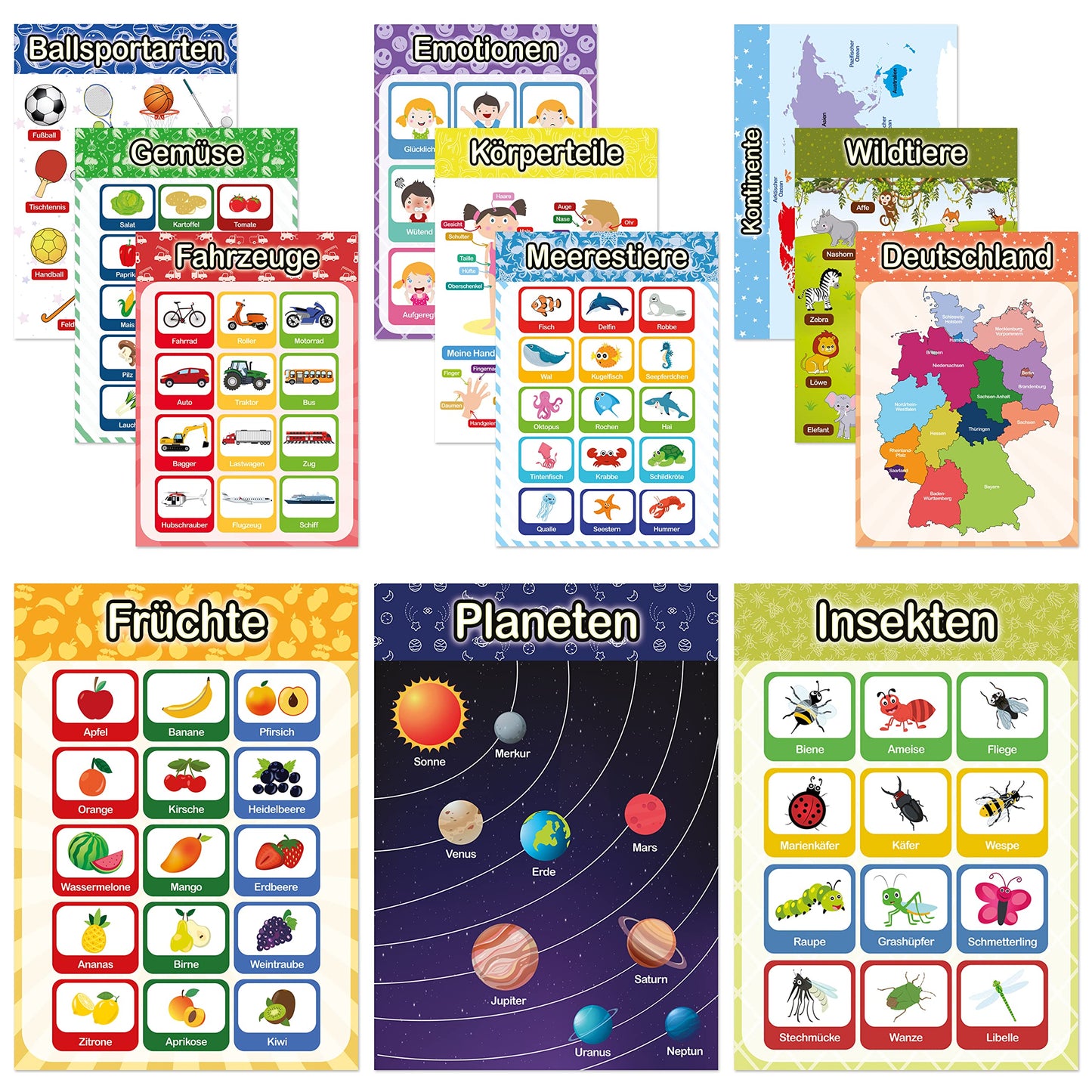 LIKARTO® 12 educational Montessori learning posters A3 - Extra thick paper and double laminated - Basics 2, elementary school learning posters, children's learning aid